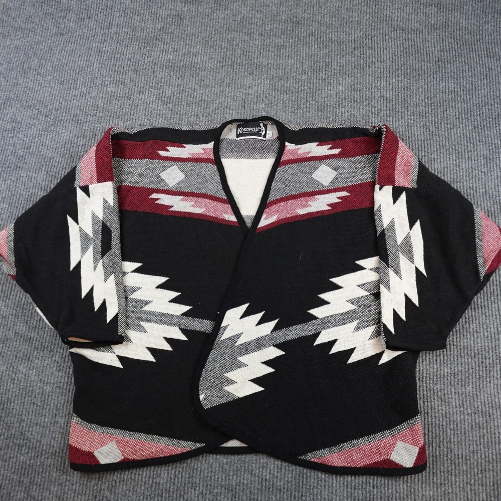 Kokopelli Cape Sweater Womens Medium Black Aztec Cotton Knit Cardigan